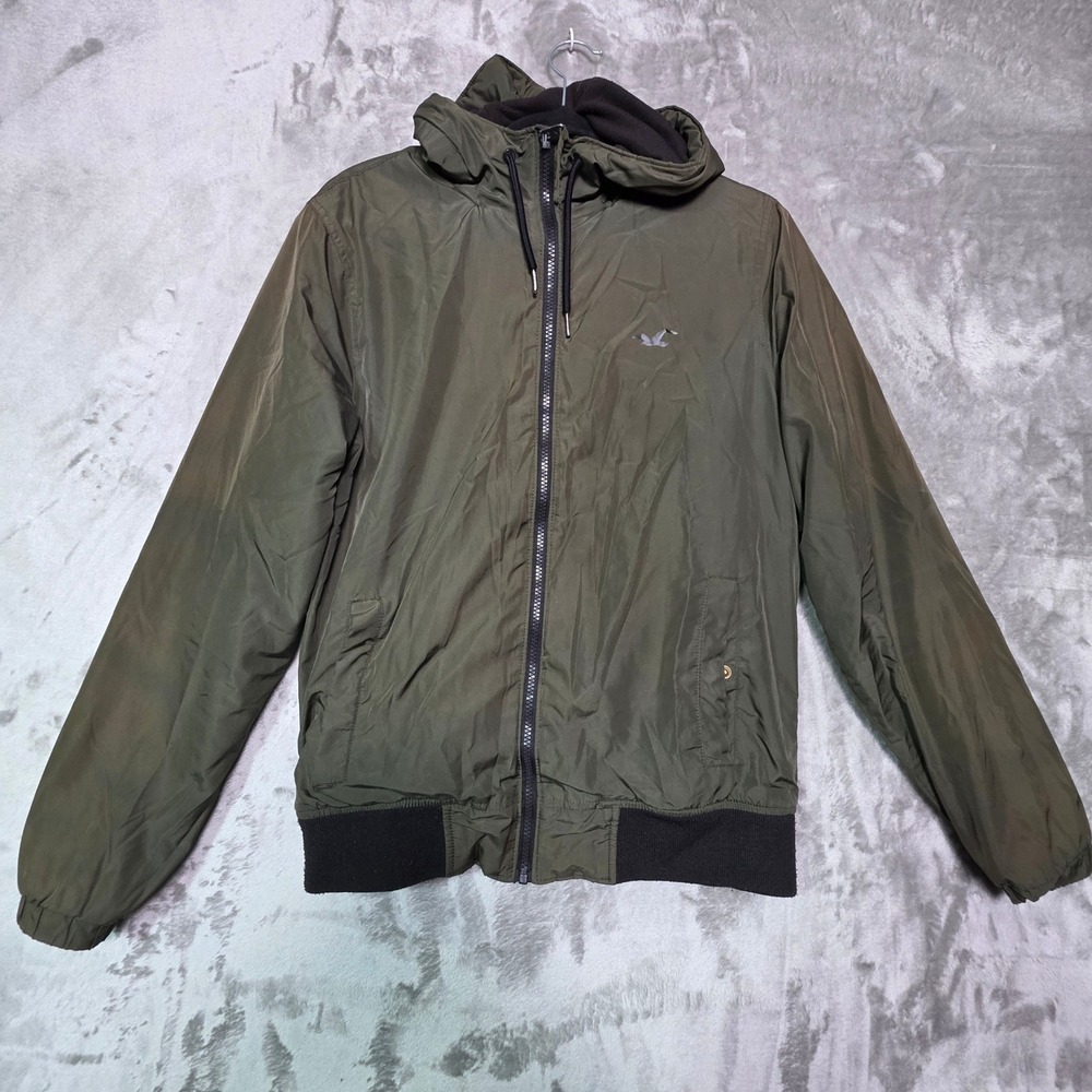 Hollister Mens Small Olive Green Fleece Lined Hooded Windbreaker Jacket Bomber